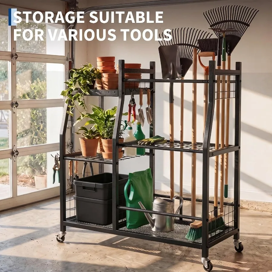 Heavy-Duty Rolling Garden Tool Organizer Rack, Yard Cart For Garage, Steel, Black, Foldable And Weather-Resistant