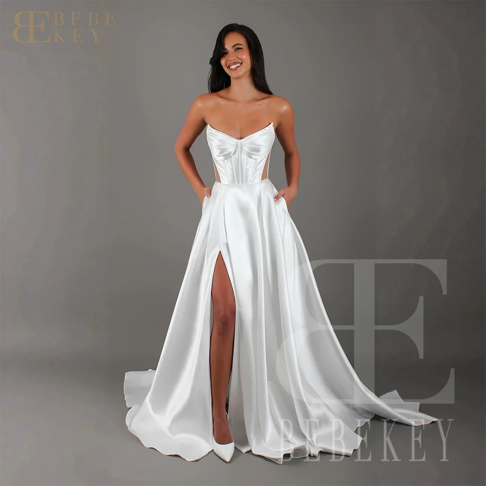 

BEBEKEY Satin Sweetheart Wedding Dresses With Side Split A-line Bridal Gown Customized Formal Dress vestidos de novia