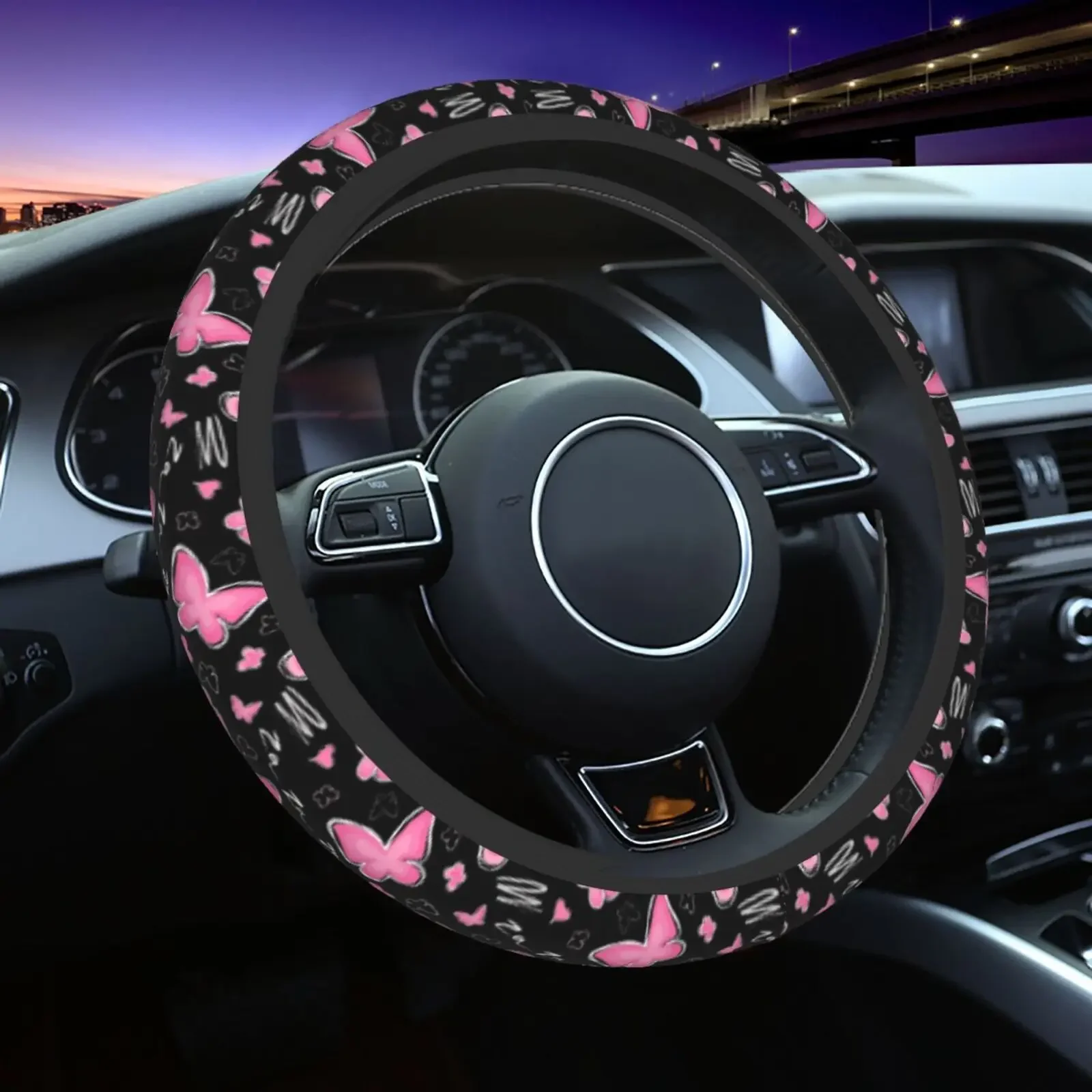 Women Butterfly Pink Steering Wheel Cover Universal 15 Inches Steering Wheel Cover Fashion Non-Slip Suitable for Girl Gifts