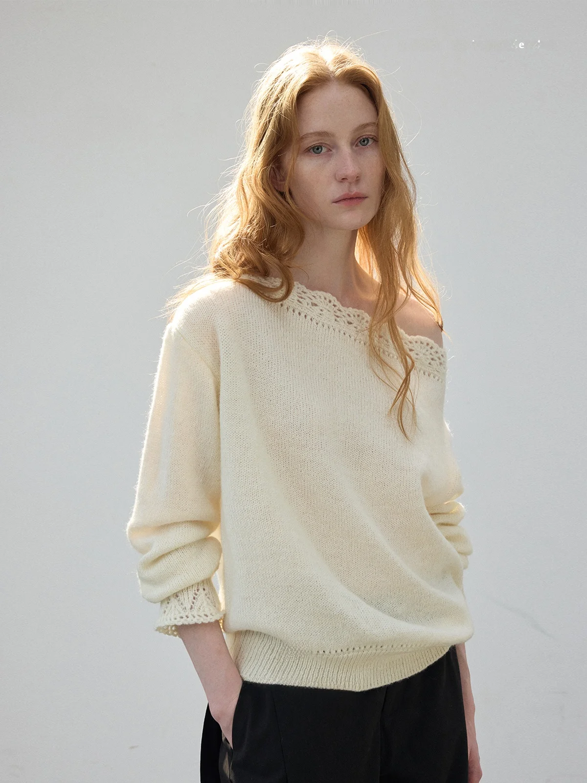 

Nice People 2026SS Women's Loose Knitted Sweater Handmade Lace Collar Alpaca Wool Blend Long Sve Color Overhead Sle