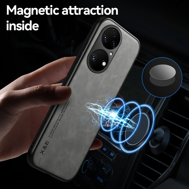 For Huawei P50 Pro Case Luxury Leather TPU Soft Frame Phone Case For Huawei P 50 P50Pro Car Magnetic Holder Protect Back Cover