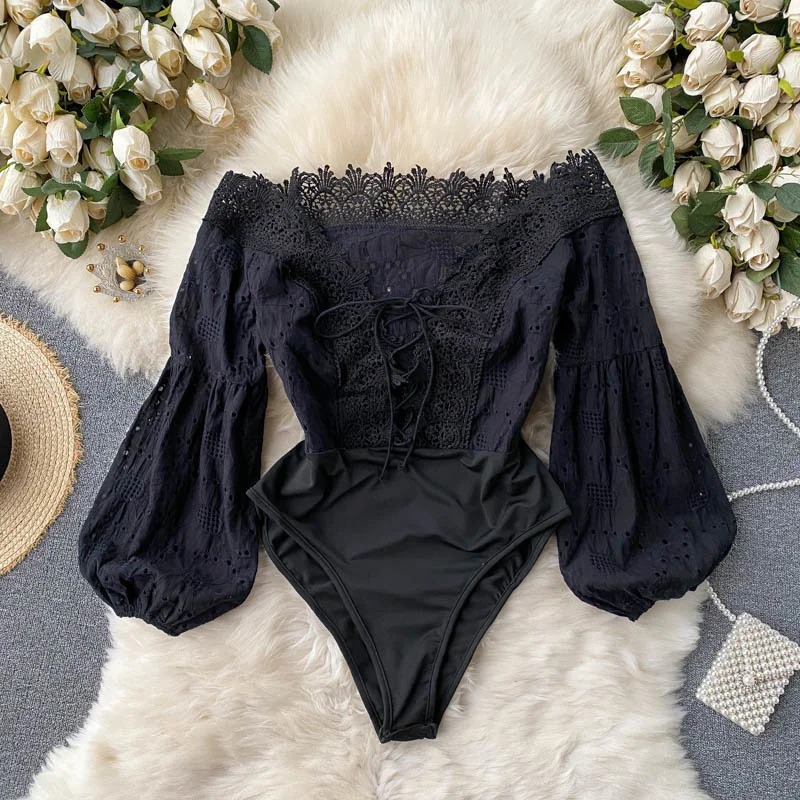 Women's Bodysuits 2024 Summer Autumn Ins Hollow Lace Spliced Lace-up V-neck Off Shoulder Lantern Sleeve Sexy Club Body Suits