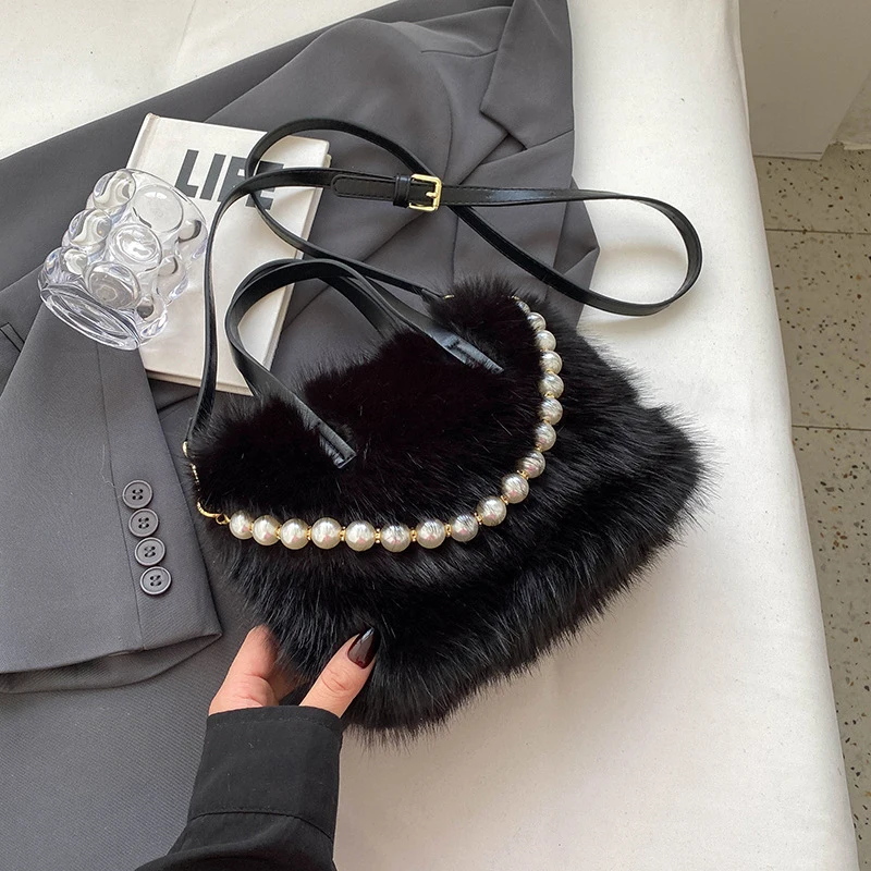 Fashion Women Faux Fur Tote Bag Zipper Solid Color Ladies Crossbody Shoulder Bag Trendy Winter Autumn Soft Fluffy Plush Handbags