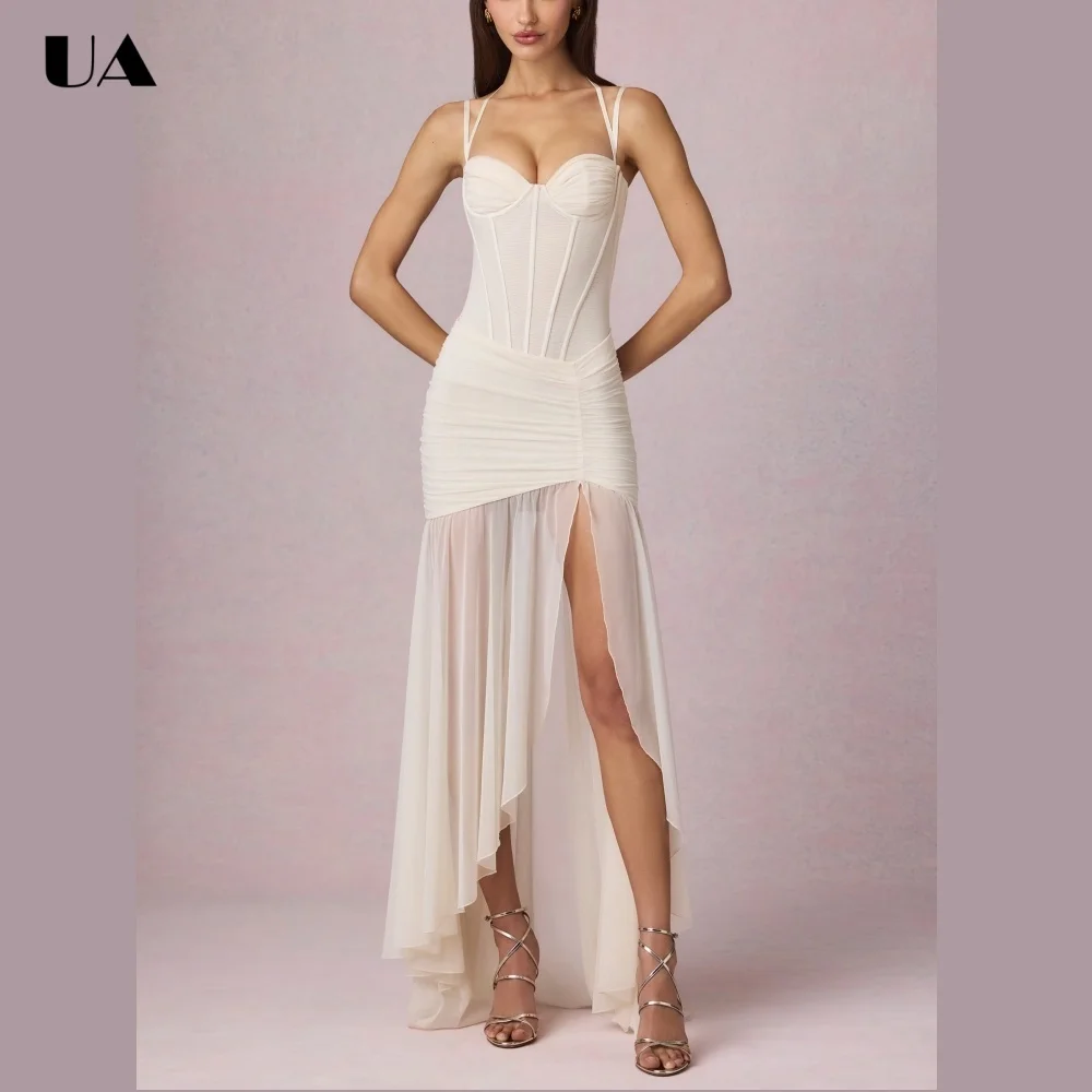 ULBYANRY Elegant Solid Slim Fit Evening Dress Asymmetrical Slit Maxi Prom Dress Customized Spaghetti Straps Wedding Guest Dress