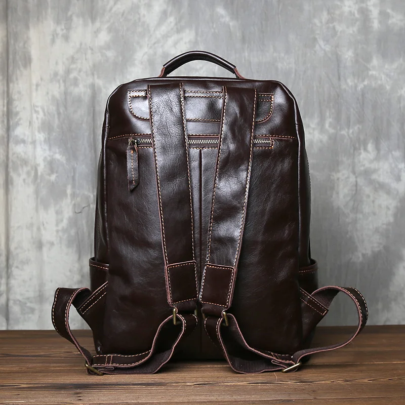 Daily Commuting Genuine Leather Men's Backpack With Top Layered Cowhide Simple And Fashionable Zipper Computer Bag