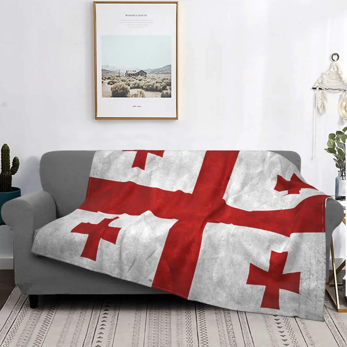 3 Print Georgia Grunge Flag Blanket Flannel Fall/Winter Red Cross Portable Lightweight Blanket For Bedding Car Plush Quilt