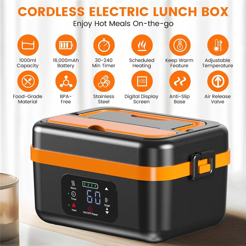 X11A Self-Heating Food Warmer Cordless Electric Lunch Box,Rechargeable 16000Mah Battery,For Work/Travel Car/Office Us Plug