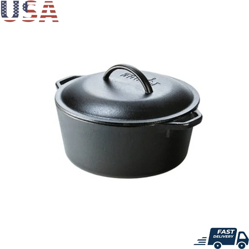 

5qt Cast Iron Dutch Oven Preseasoned Tarnish Rust Resistant 2 Piece Set Easy Handle Heat Distribution Cooking Baking