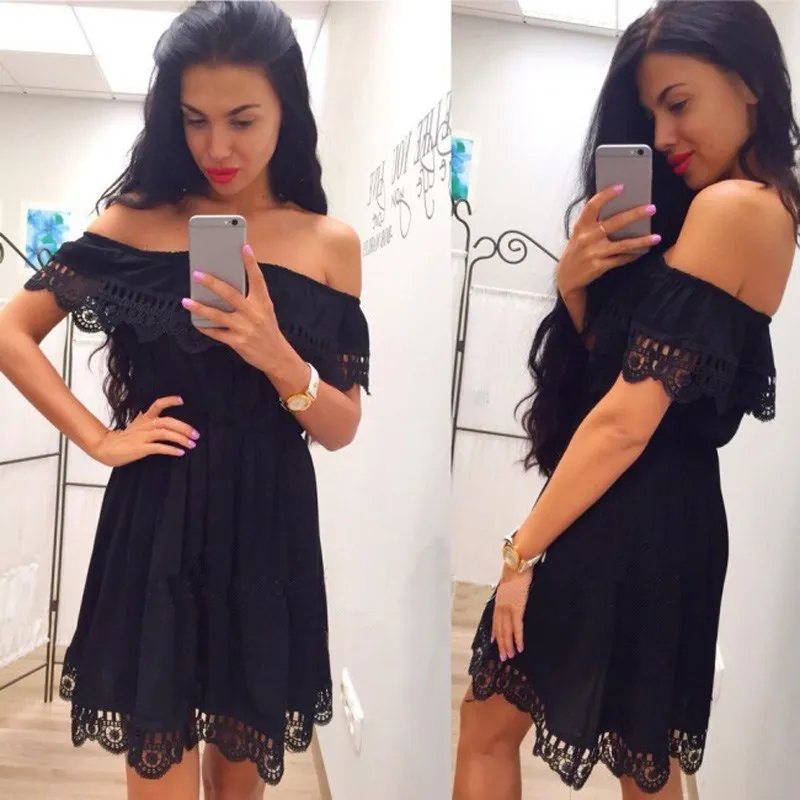 

Fashion Women vestidos Elegant Vintage sweet lace white Dress Stylish Sexy Slash Neck Casual Slim Beach Summer Sundress Female