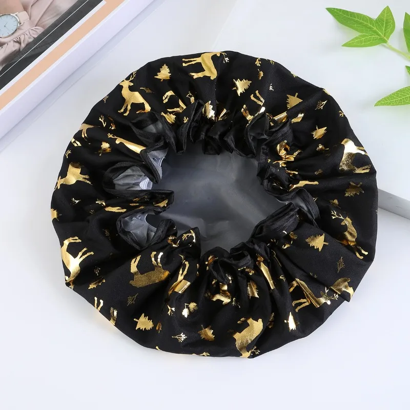 금도금 순록 패턴, 귀여운 사슴 샤워 캡이있는 2PCS 더블 레이어 방수 샤워 캡