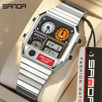 Reloj electrónico SANDA para hombre, reloj de pulsera Digital con banda cuadrada de acero, cronómetro de medición de temperatura, reloj multifuncional con sincronización