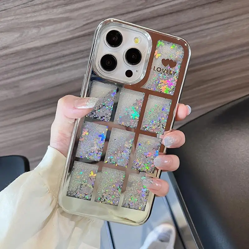 Fun Ten Palace Grid Glitter Liquid Quicksand Phone Cover For iPhone 15 14 13 12 Pro Max 14 Plus 11 Electroplating Seismic Shell