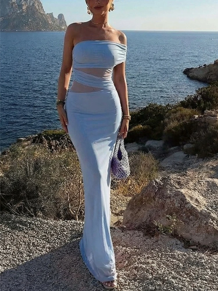 Tsiisd موضة قطري طوق انظر من خلال فستان طويل المرأة شبكة المرقعة يميل الكتف مثير سليم فستان الحفلات المسائية 2026