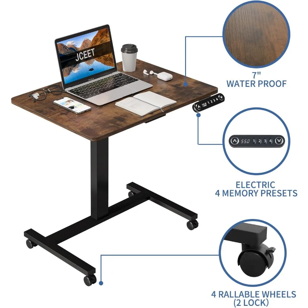 Adjustable Height Electric Desk, 32x24 Inch Sit-Stand Desk with Locking Wheels and Overbed Laptop Table Feature