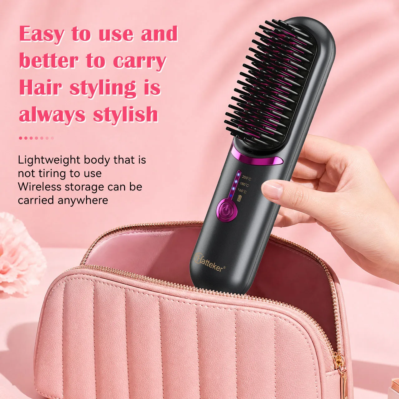 Hatteker Wireless Portable Travel Hair Straightening Comb Three Temperature Settings Volumizing Root Straight And Curl Dual Use Hot Air Comb - view 6