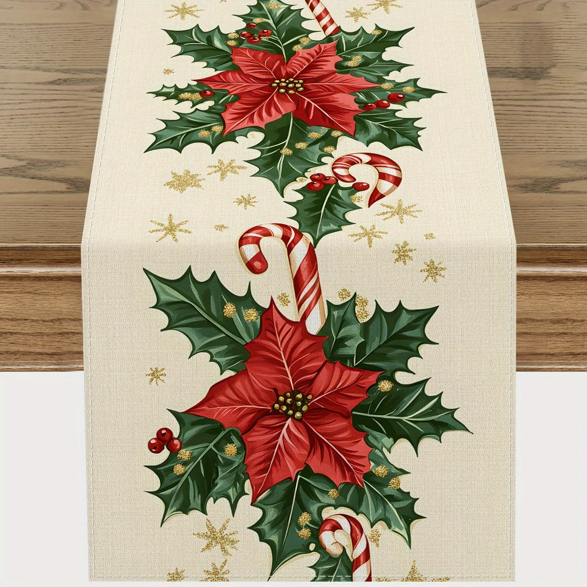 Christmas Poinsettias Holly Snowflake Table Runner Party Decor Winter Xmas Kitchen Dining Table Runner Christmas Decorations