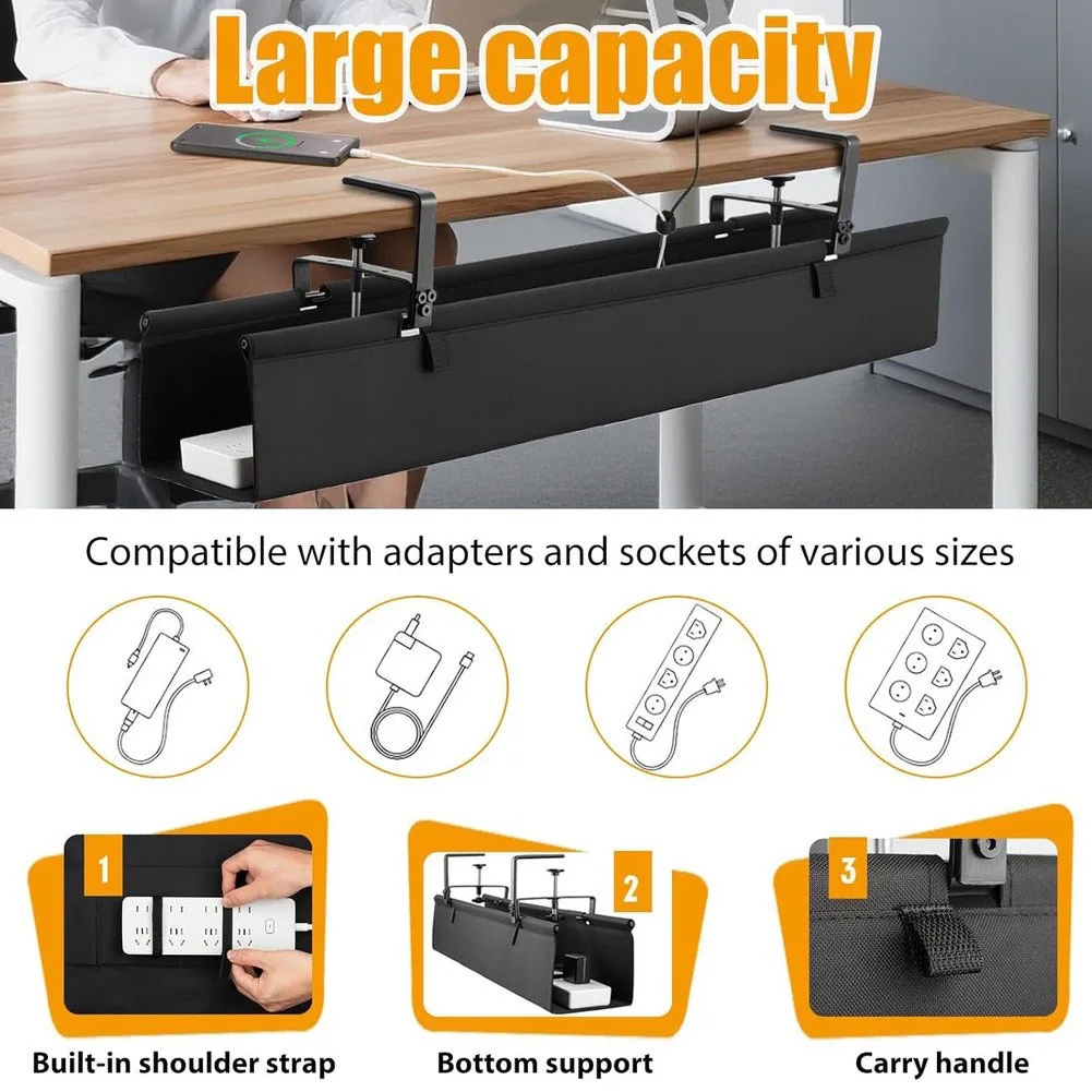 Double Sided Under Desk Cable Management Tray for Standing Desks with Grid Side for Cord Threading and Solid Side for Clean Look