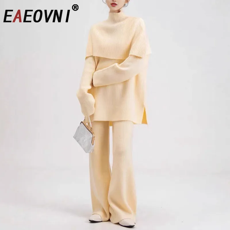 

EAEOVNI вязаный женский комплект из двух предметов, однотонный свитер с v-образным вырезом в стиле пэчворк + длинные брюки, повседневный свитер 202, осень-зима, новинка