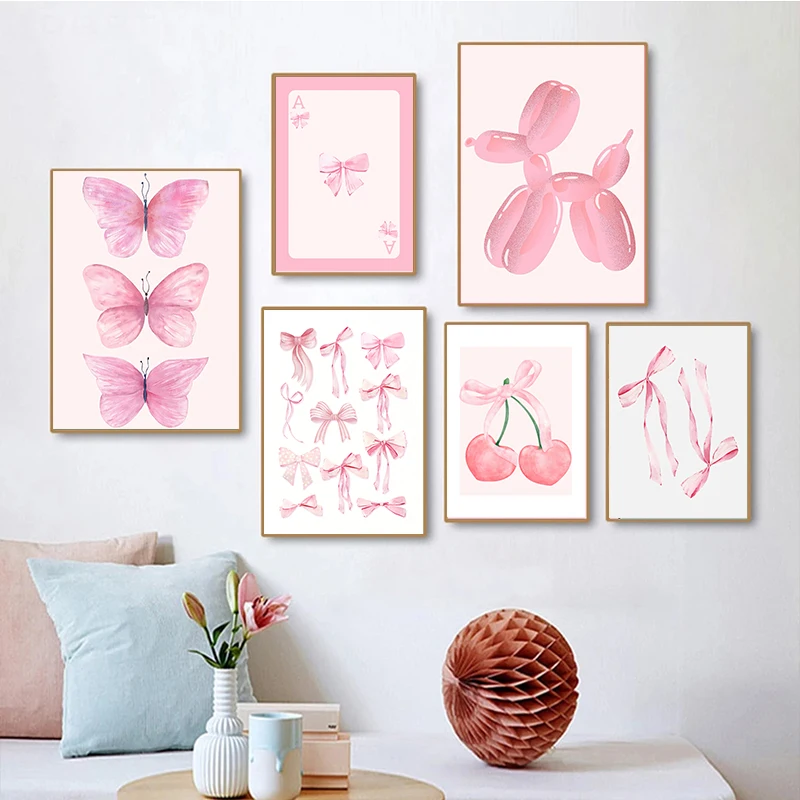 Trendy Pink Bows Poster Print Preppy College Watercolor Bows Coquette Girly Wall Art Canvas Painting Pictures Room Home Decor