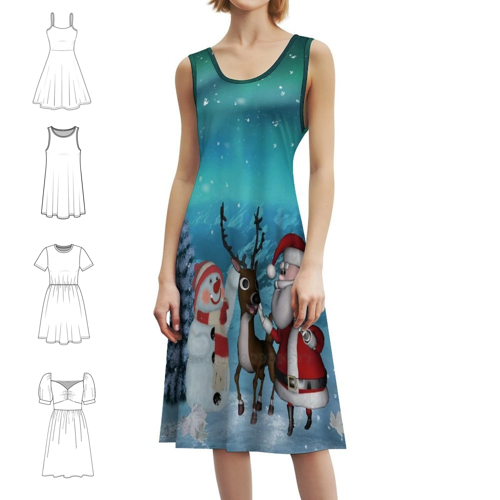 فستان سانتا كلوز اللطيف مع حيوان الرنة ورجل الثلج على شكل قلب فستان أنيق للحفلات الصيفية للنساء رجل ثلج عيد الميلاد #1