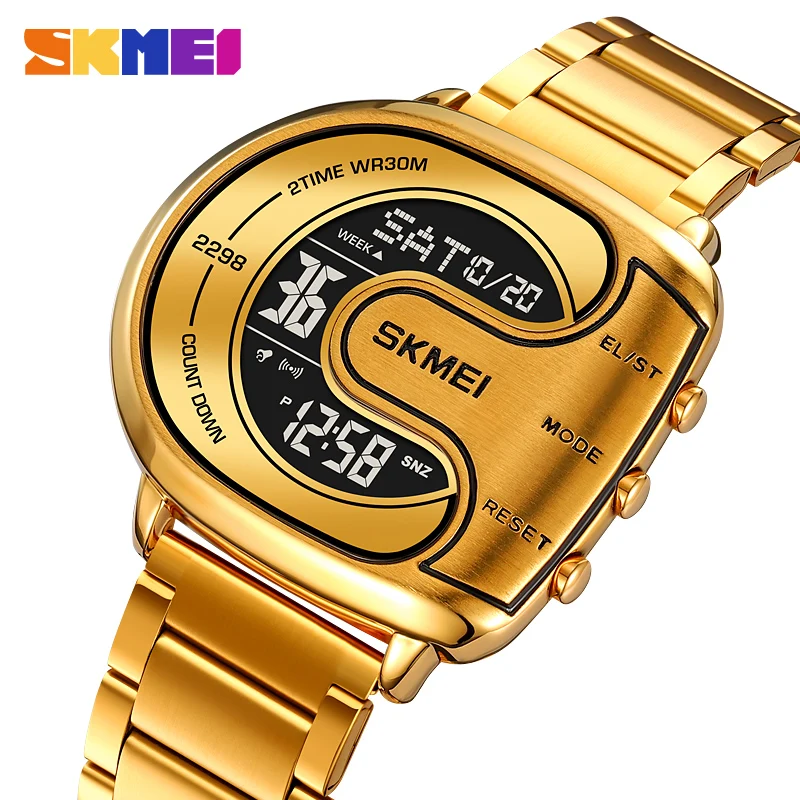 

SKMEI Creative Full Steel Digital 2 Time Mens Watches Fashion Back Light Wristwatch Chrono Count Down Alarm Hour For Male reloj