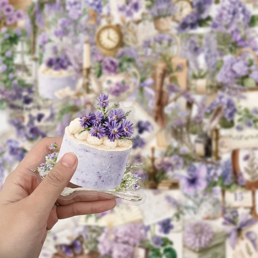 50PCS Creative Purple Flower Letter PET Transparent Material Stickers Exquisite DIY Phone Case Personalized Stickers