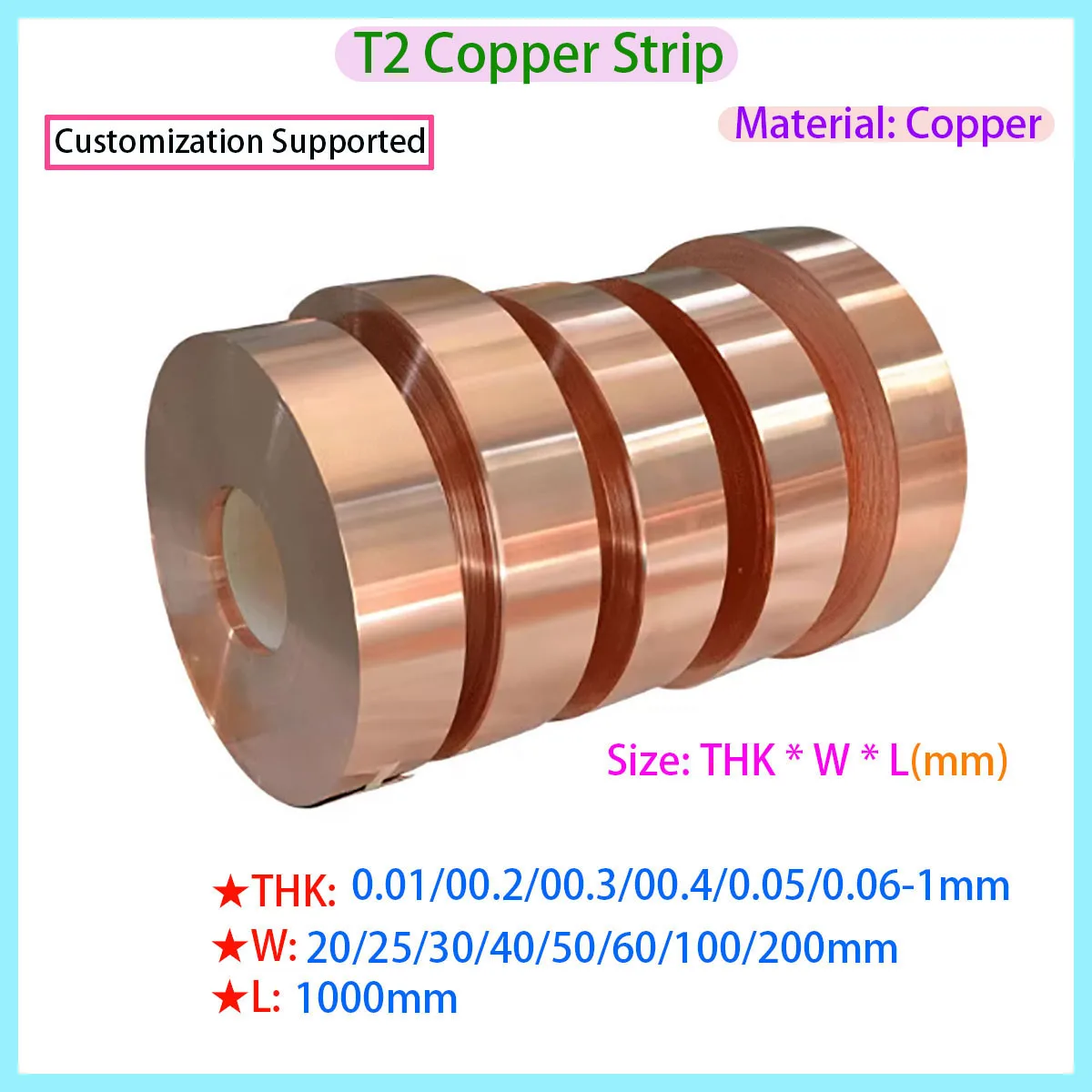 

T2 Pure Copper Foil Strip, Copper Plate, Red Copper Narrow Strip Thickness 0.01/00.2/00.3/00.4/0.05/0.06-1mm