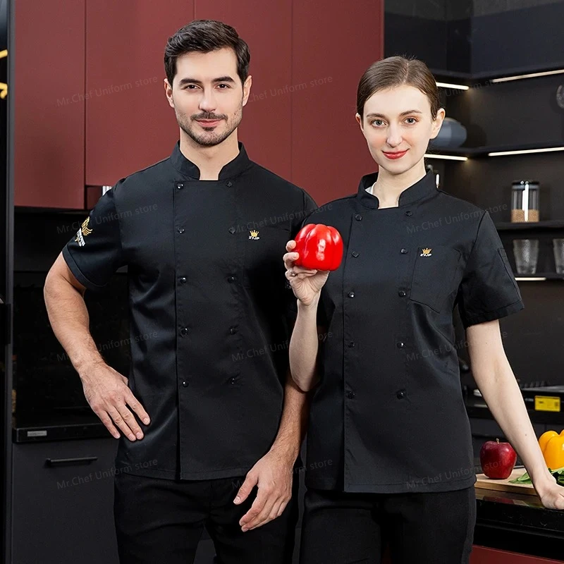 Uniforme de chef blanco de manga corta, uniforme de restaurante negro, panadería, servicio de comida, abrigo de Chef doble transpirable, camisa, ropa de cocina
