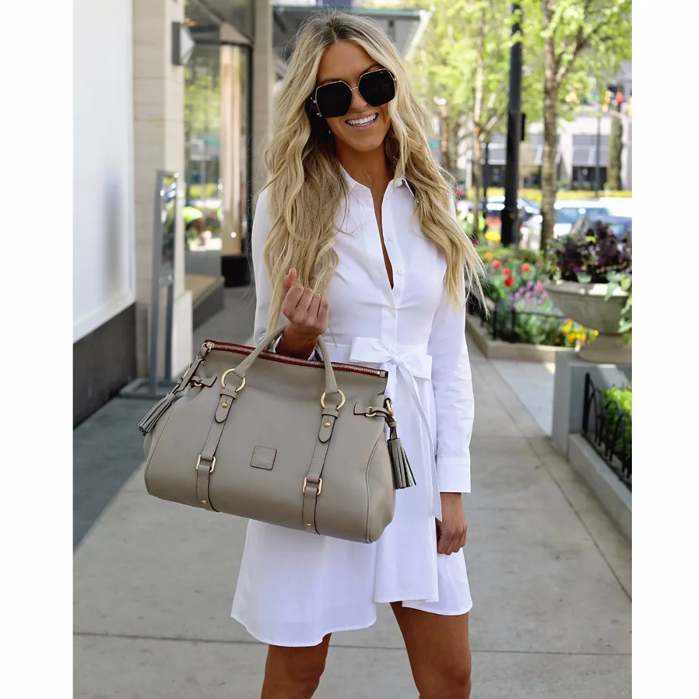 Dopasuj codzienną, białą sukienka średniej długości, z długim rękawem, luźną sznurowany pas koszula damska sukienkę