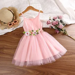 New Summer Kids Dress For Girls Pink Sling Mesh Dress Korean SweetPrincess Dress