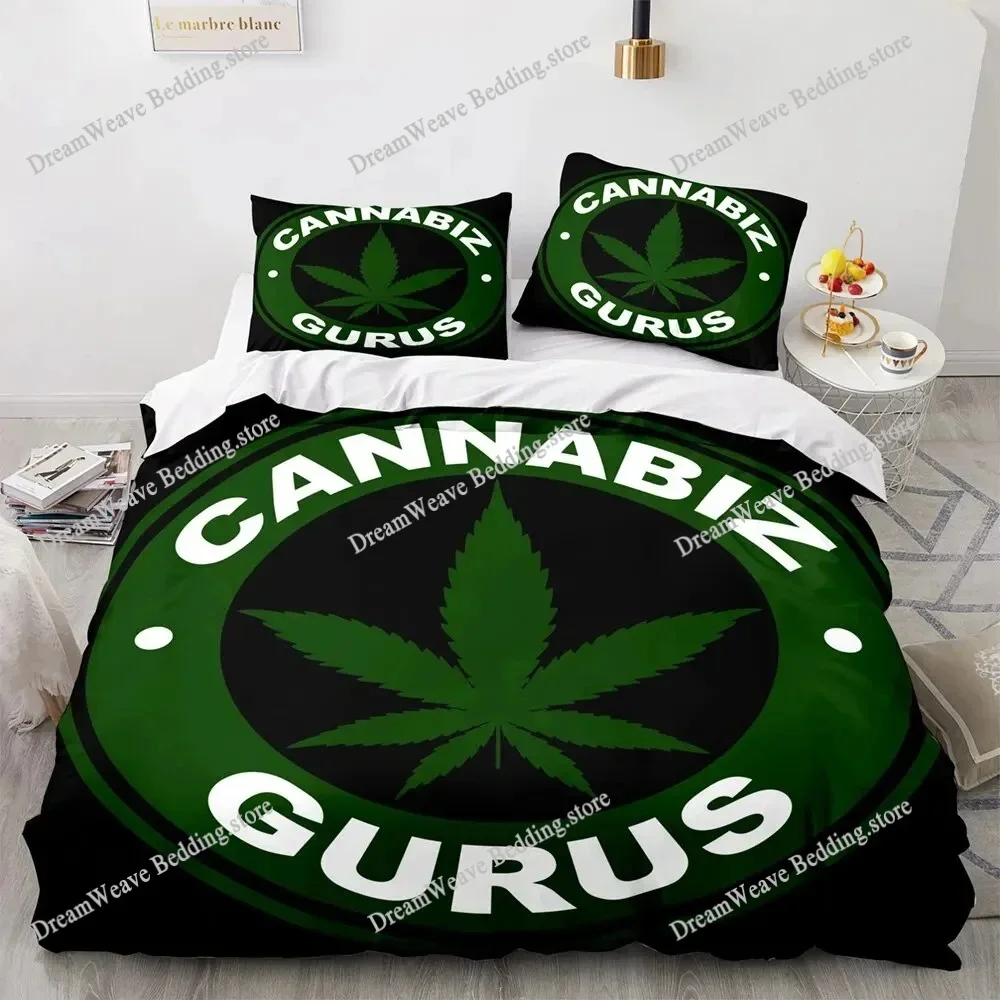 Marijuana Weed Leaf King Queen Duvet Cover Green Maple Leaves Bedding Set for Adults Palm Leaves Polyester Quilt Cover