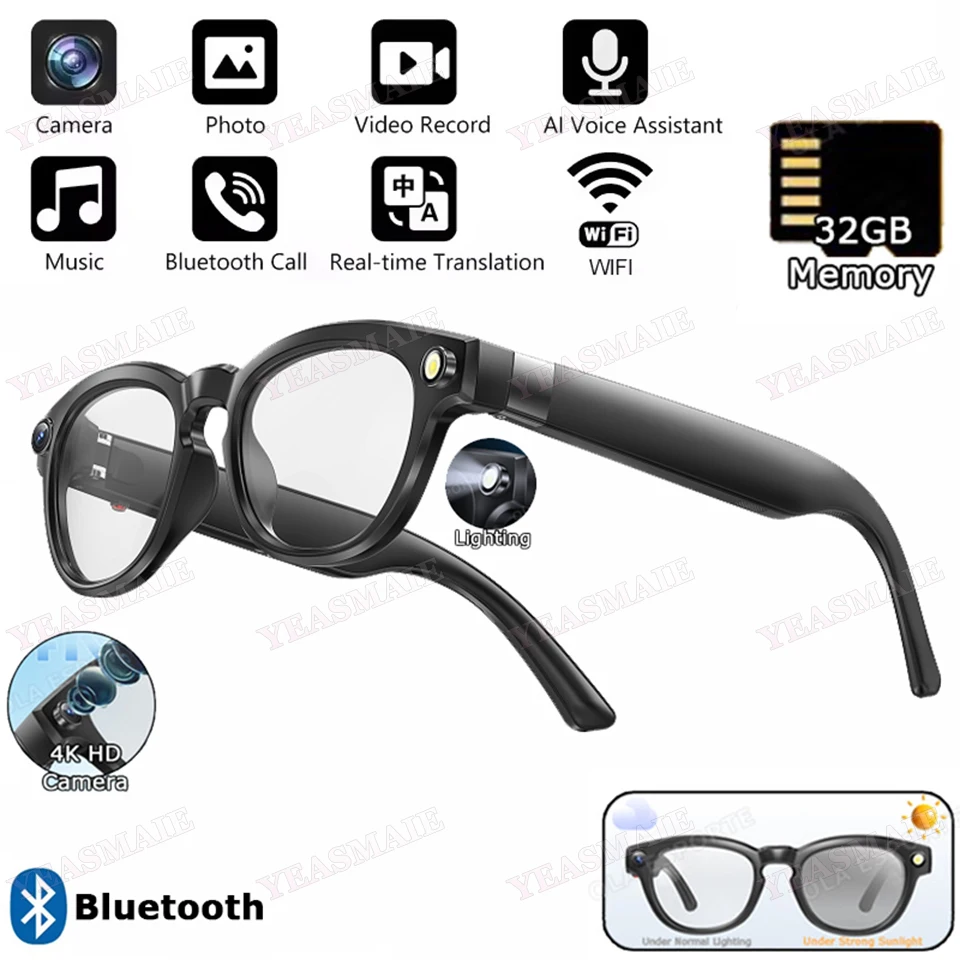 

4K HD Smart Glasses AI GPT Camera BT&WIFI Call 260Mah Voice Assistant Simultaneous Interpretation Identify Objects Smart Glasses