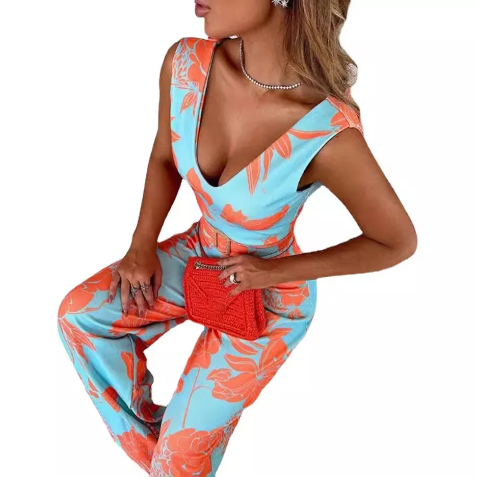 ผู้หญิงฤดูใบไม้ผลิฤดูร้อนJumpsuitพิมพ์สีแขนกุดVคอกางเกงขากว้างเอวสูงสบายๆแฟชั่นสบายปกติFit