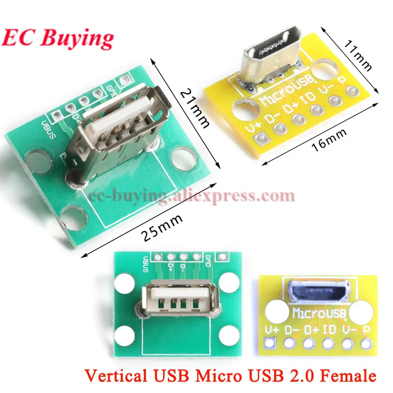 1Pc-20Pcs Vertical USB MiCroUSB Micro USB 2.0 Female Head A Connector 2.54mm PCB Converter Adapter Breakout Board 180 Degree