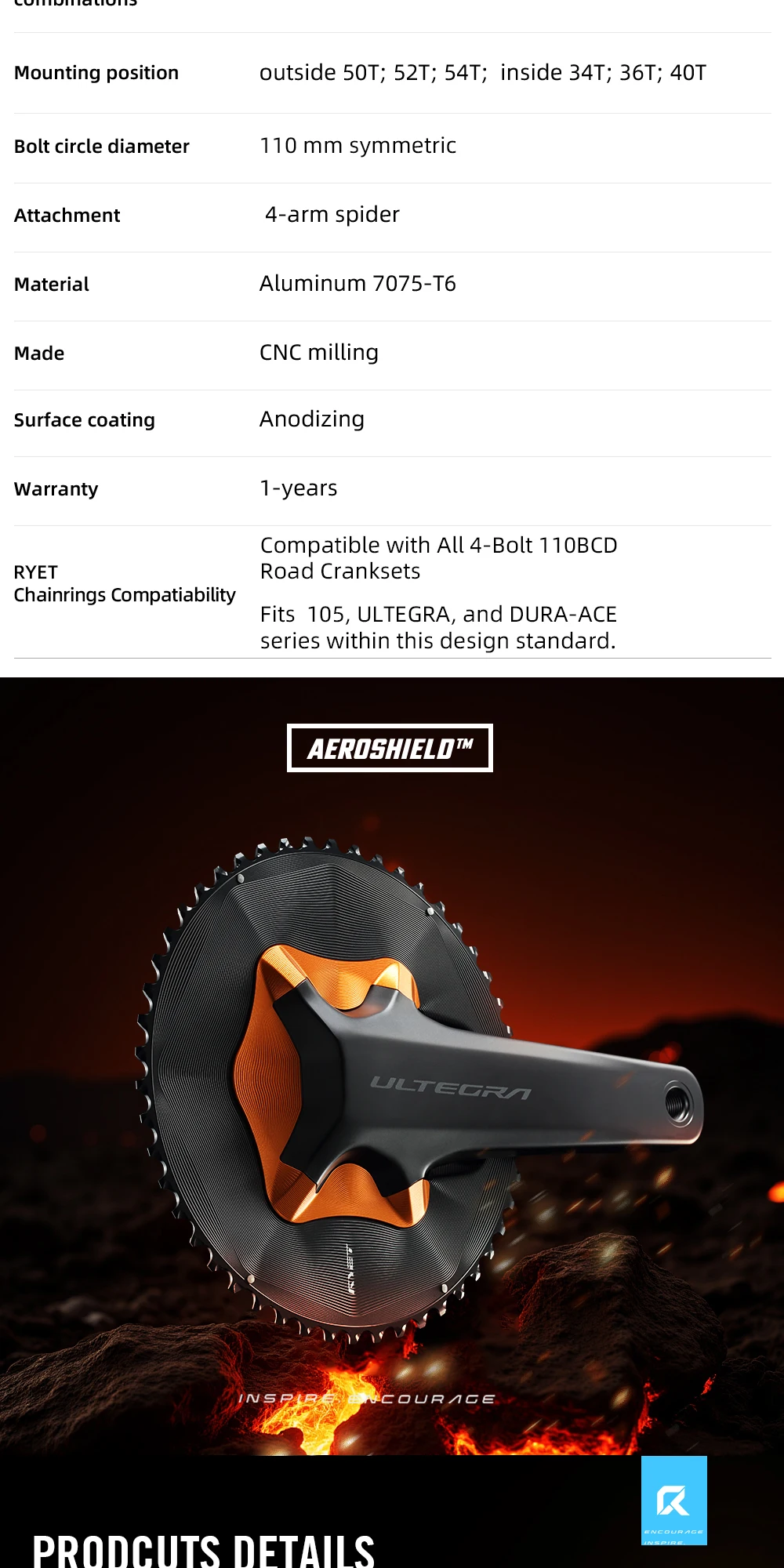 RYET Rennrad-Kettenblatt 50-34T 52-36T 54-40T Aero für Shimano Dura-Ace R9200 Ultegra R8100 105 R7100 12-fach Fahrrad-Gruppensätze – Detail 3