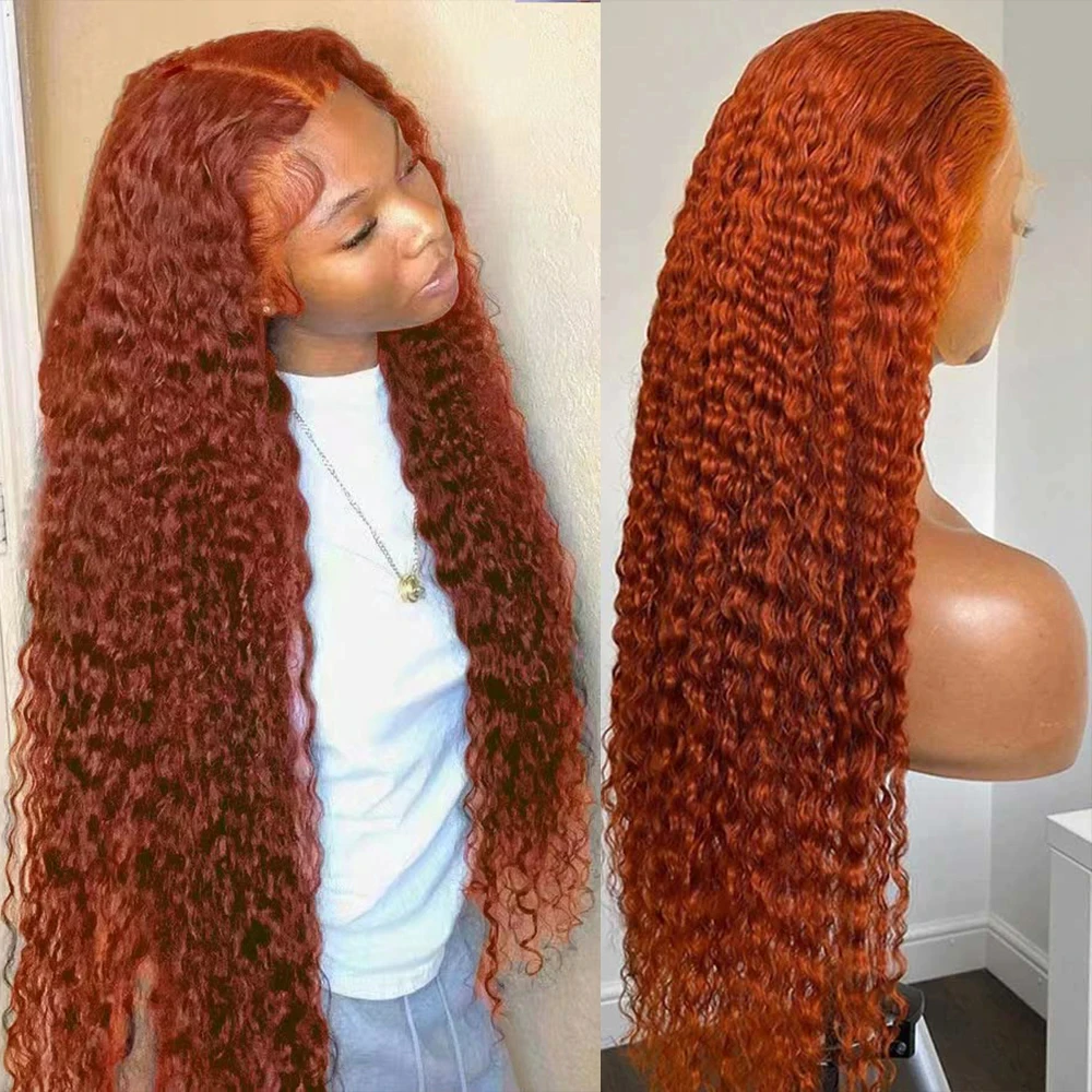 Perruque Lace Front Wig Deep Wave naturelle bouclée, cheveux humains, 13x4, 13x6, couleur HD, vidéo orange