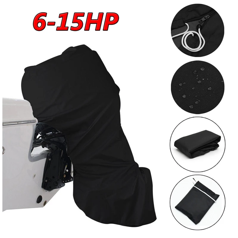 Full Outboard Motor Dust Rain Protection Cover Fit for 6 to 15HP Black 600D Oxford Fabric