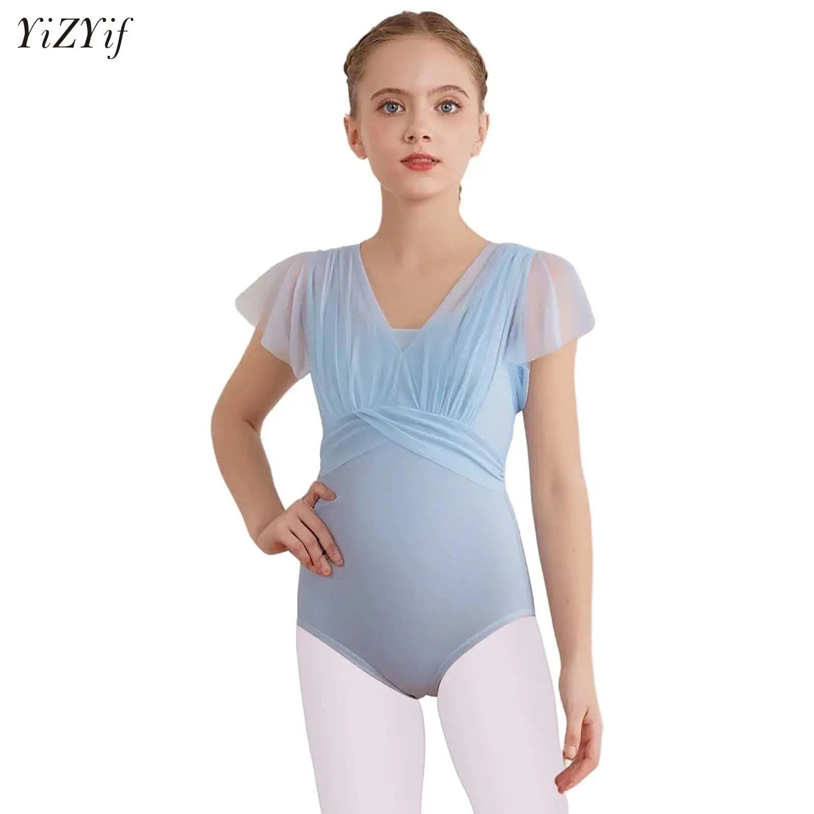 

Kids Ballet Leotards Gymnastics Leotards Ruched Sheer Mesh Overlay Dance Leotard Swimsuit Girls Ballet Practice Stage Bodysuit