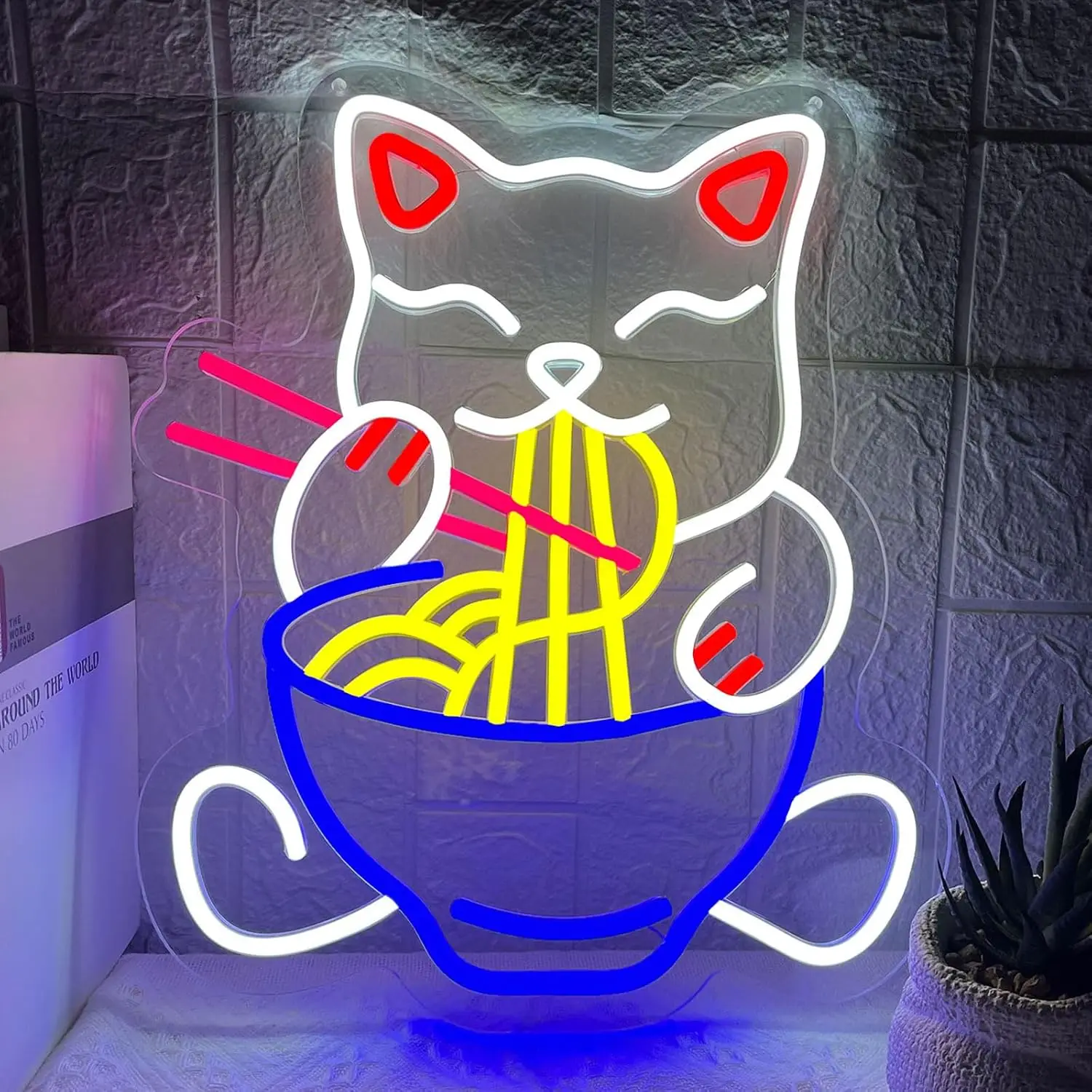 Fortune Cat Ramen Neon Sign USB Powered Neon Light Wall Art Lamp for Restaurant Cafe Bar Shop Bedroom Home Aesthetic Decor Gift