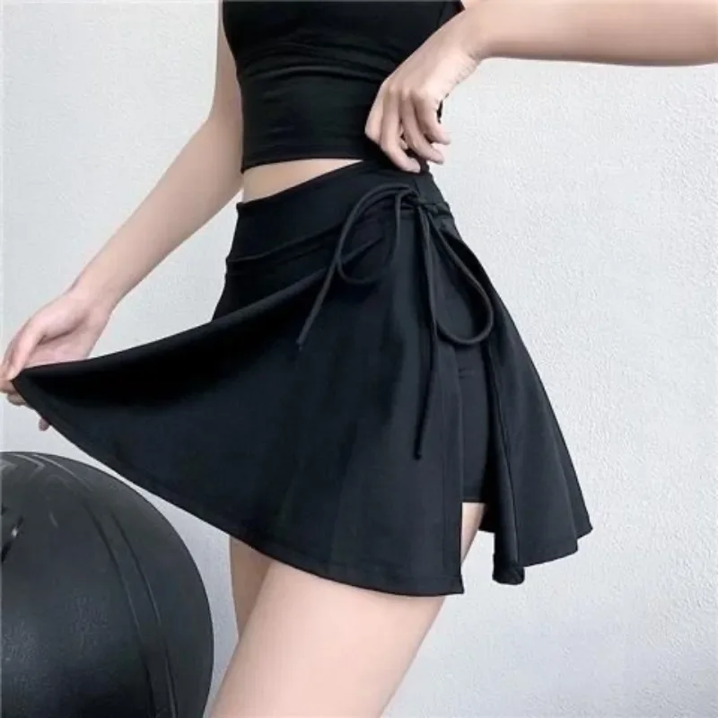 Solid Patchwork Sports Casual Short Skirt Women Lace Up Slit Yoga Dance Mini Skirt Summer Fashions Badminton Tennis Skirt