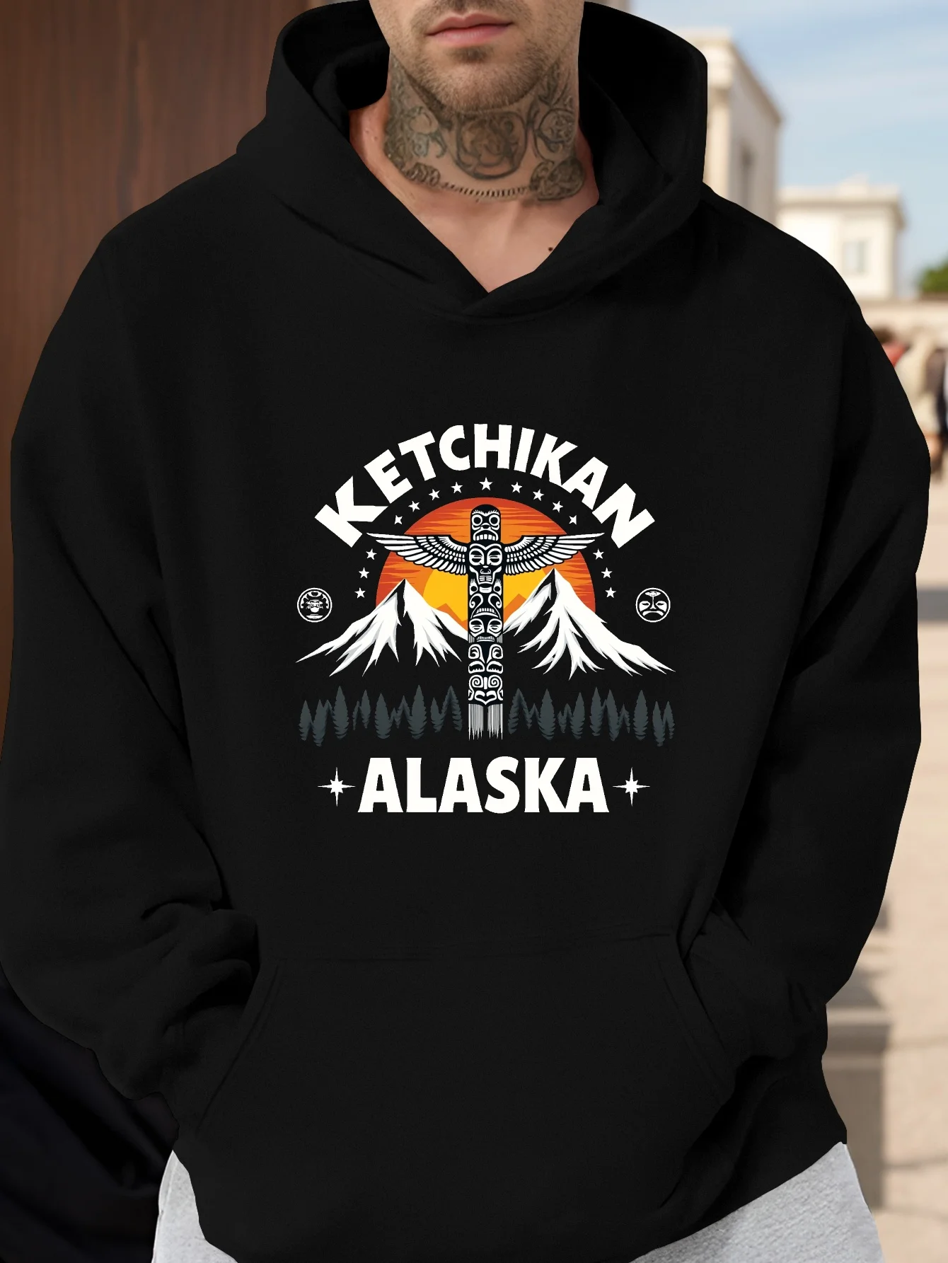 Suéter con capucha de talla grande para hombre, jersey con estampado de asta de tótem nativo de Alaska, rojo con diseño de texto de Ketchikan Alaska