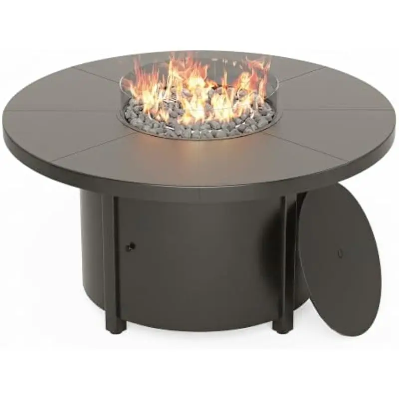 48 Inch Round Outdoor Propane Fire Pit Table with 55000 BTU Annular Burner One-Touch Ignition Rust-Resistant Iron Frame Tempered