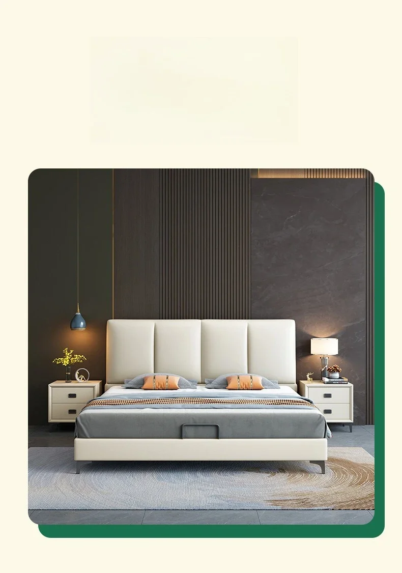 

Simple light luxury leather bed master bedroom cream wind soft bag high box storage double tofu block