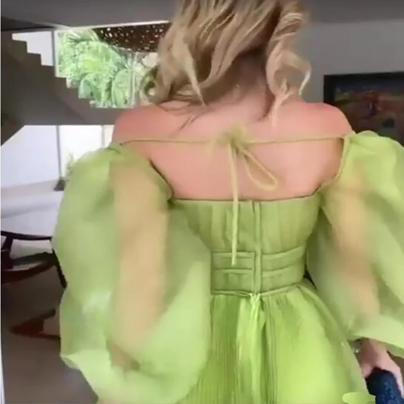 Robe de Soirée Verte Personnalisée à Manches Bouffantes, Tenue de Bal Longue, en Tulle, Longueur au Sol, 2025