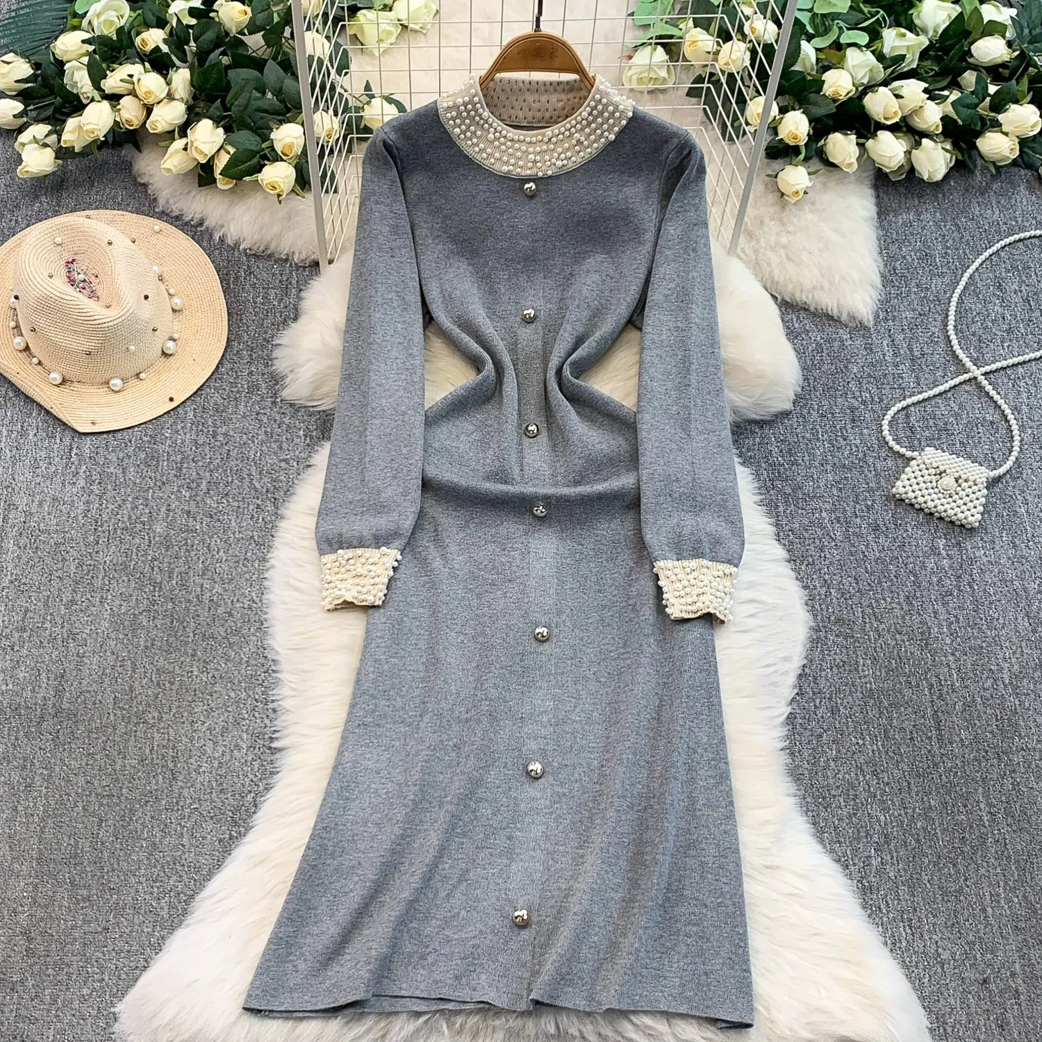 YuooMuoo ماركة الموضة الفاخرة اللؤلؤ طوق قطعة واحدة فستان المرأة جديد الخريف الشتاء ألف خط محبوك فستان طويل سيدة حفلة Vestido #2