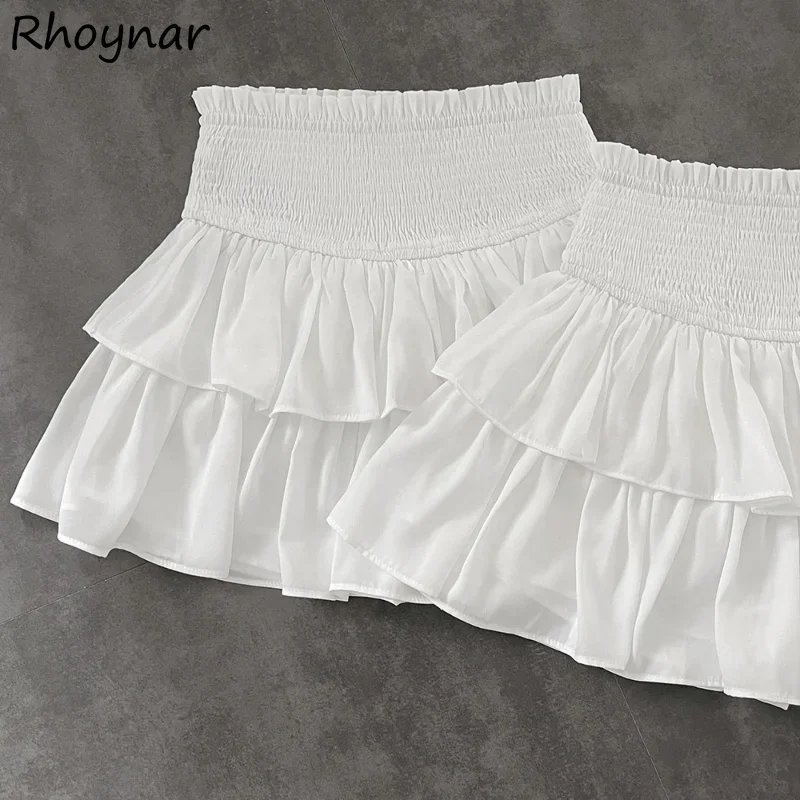 

High Waist White Skirts Women Summer Sweet Students Ruffles Elastic Solid Simple Casual All-match Holiday Ulzzang Streetwear Y2k