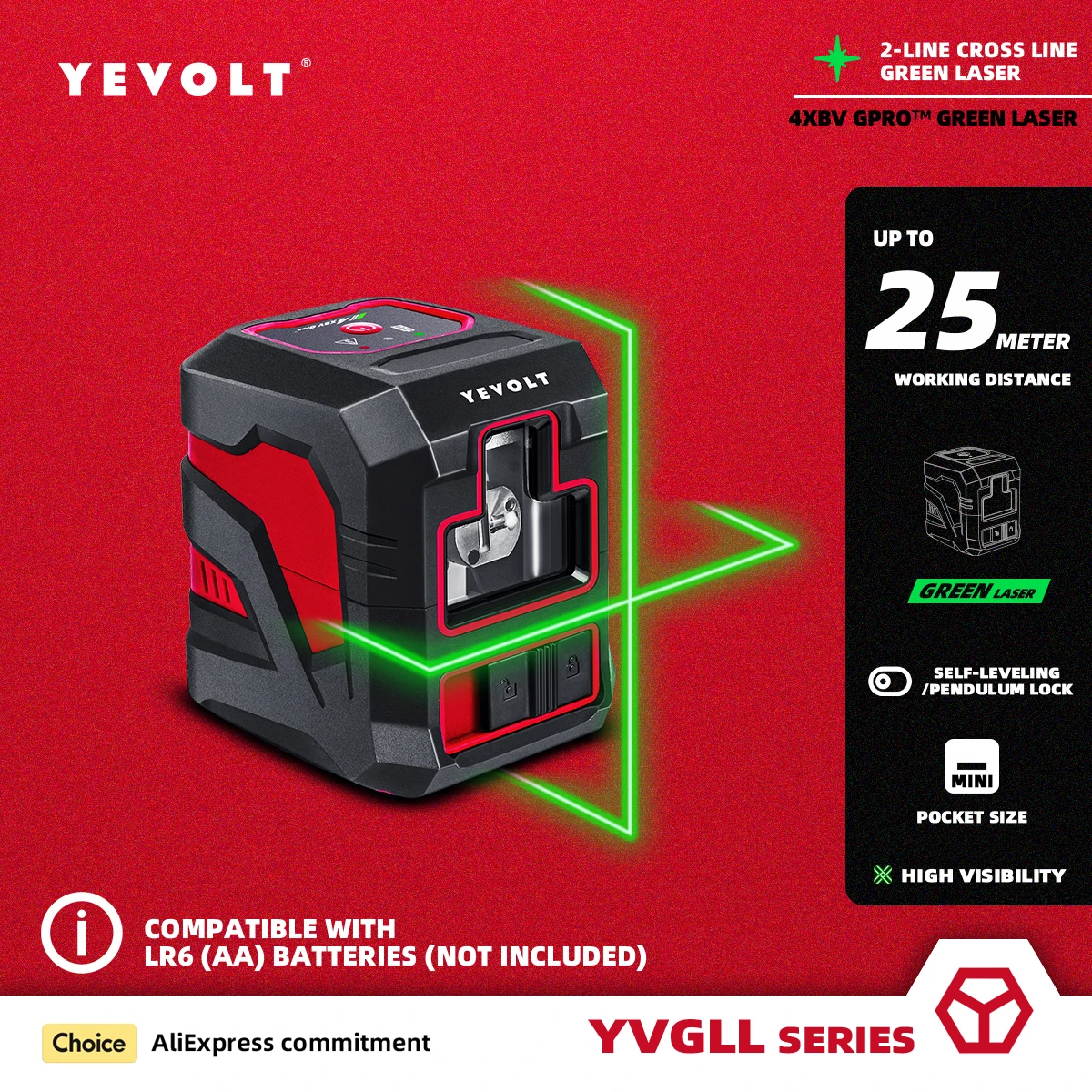 YEVOLT YVGLL4XS2 Cross Line Green Laser Level 2-Line Construction High Precision Professional Self-leveling Nivel Measuring Tool