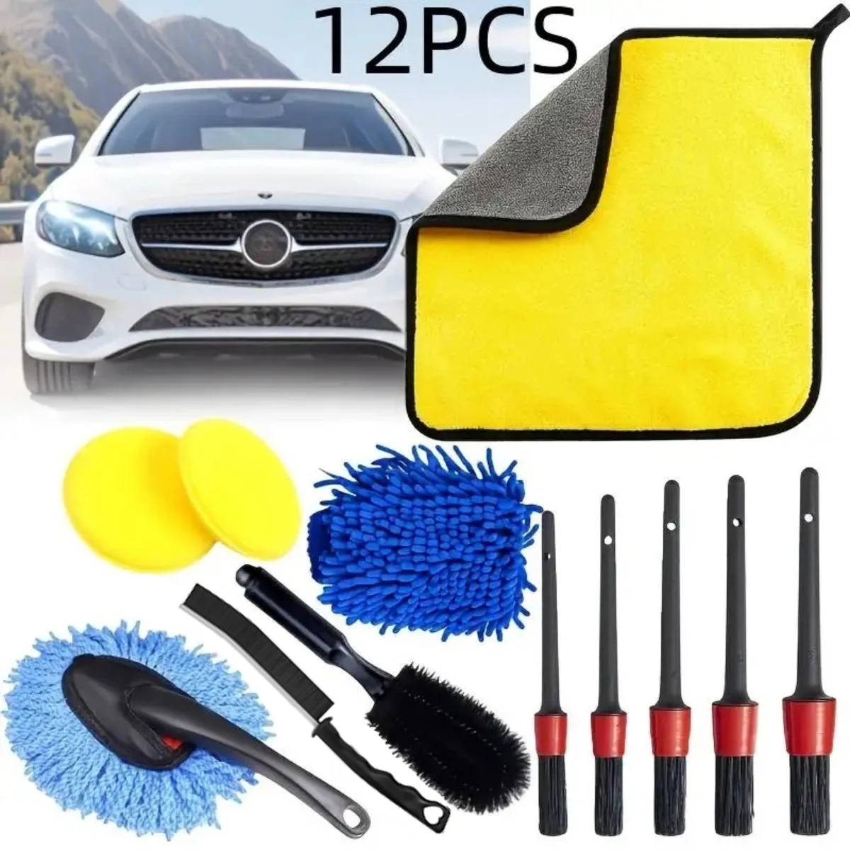12pcs Multi Functional Car Cleaning Tool Set Wheel Brush Cleaning Brush Sponge Towel Uses For Auto Interior Exterior