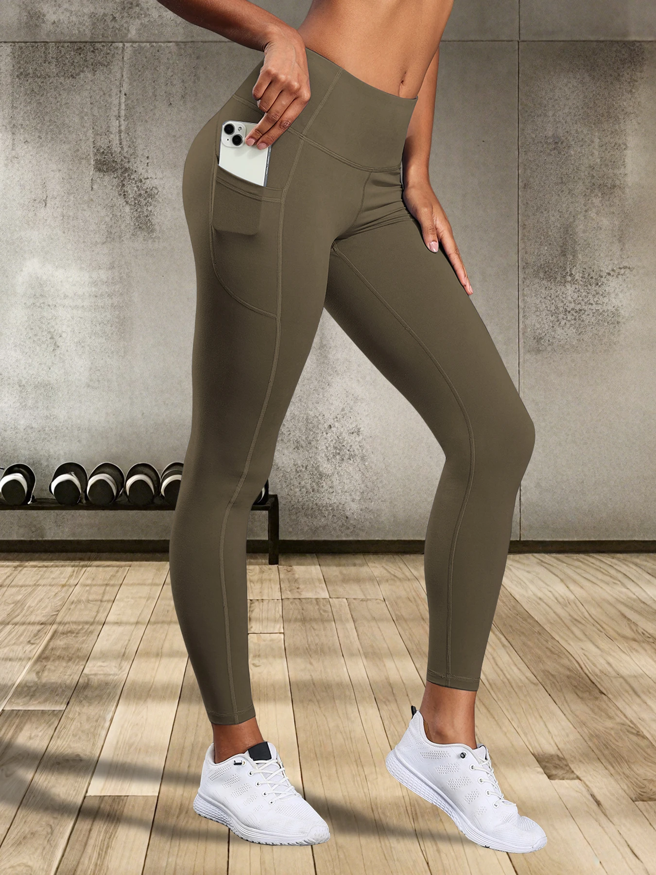 Leggings de cintura alta femininas com bolsos push up estiramento calças de yoga collants fitness correndo calças esportivas cor sólida