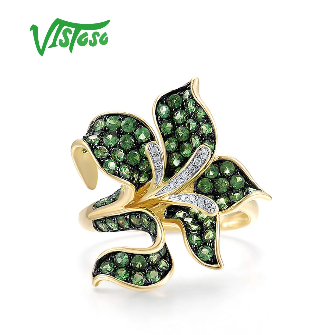 VISTOSO Pure 14K 585 Yellow Gold Rings For Women Sparkling Green Garnet Diamond Lily Flower Rings Gorgeous Fashion Fine Jewelry